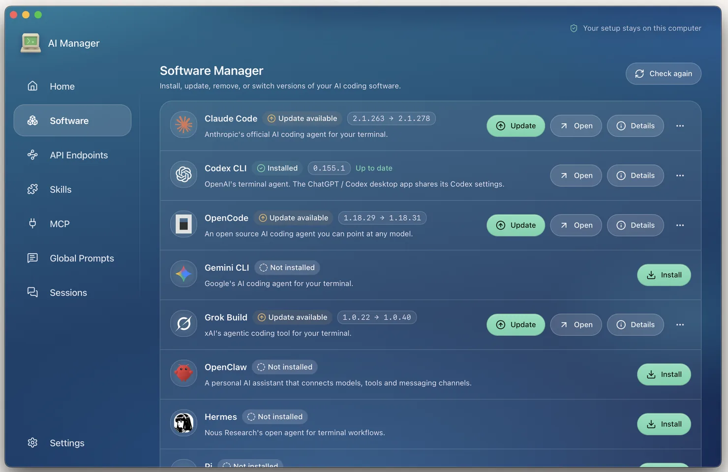 The AI Manager window, listing Claude Code, Codex CLI, OpenCode and other tools with their versions and update buttons.